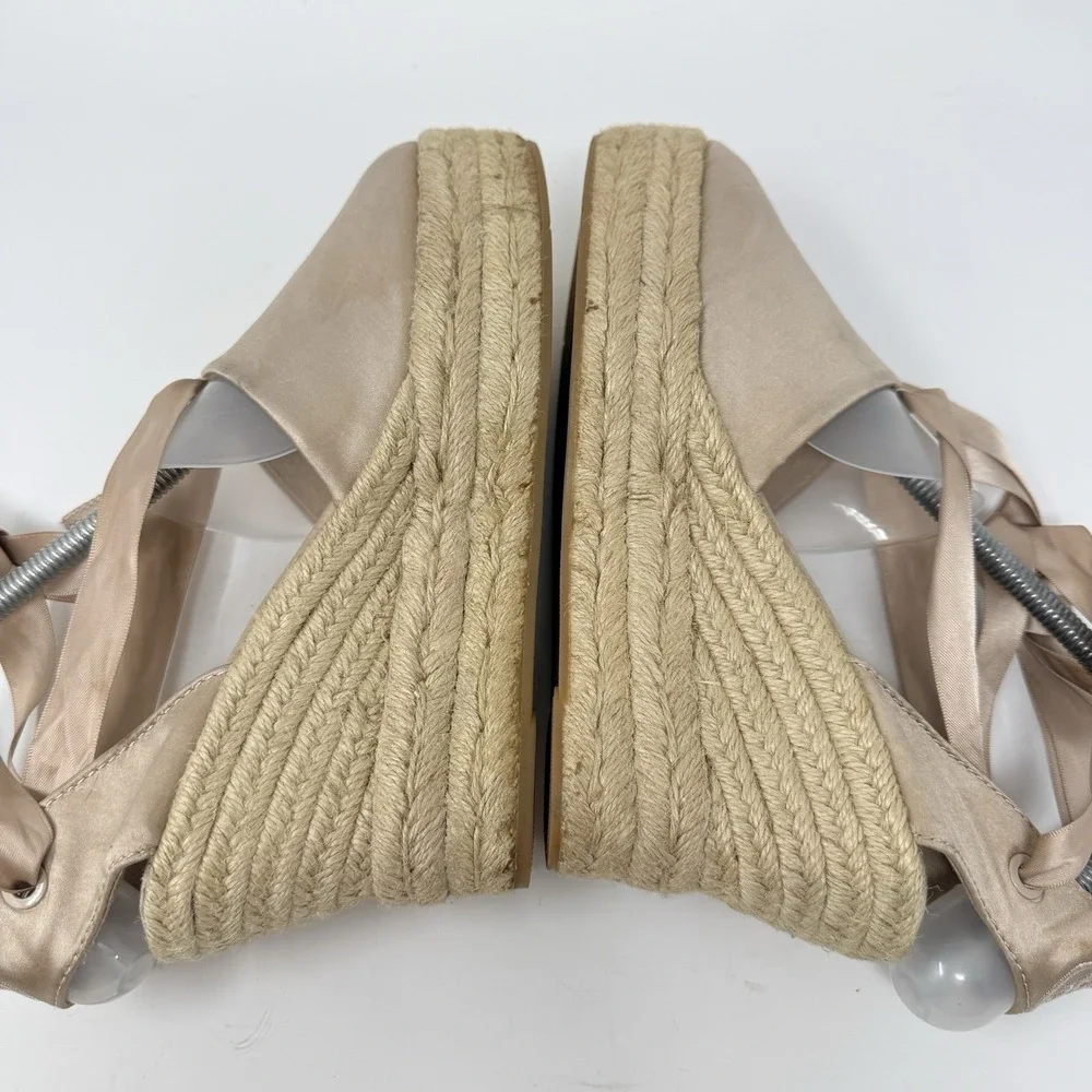 Tory Burch Elisa Wedge Satin Espadrille Soy Latte Size 8.5 Sandals Ankle Ribbon